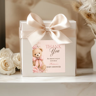 Sticker Carré Remerciement Baby Shower Ours en Peluche Rose Vint