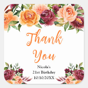Sticker Carré Remerciement d'anniversaire floral orange Bourgogn