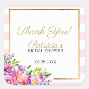 Sticker Carré Remerciement de Baby Shower Mariage Rose & Floral 