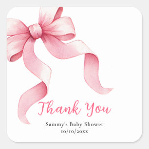 Sticker Carré Remerciement de Baby Shower Ruban Coquette Rose