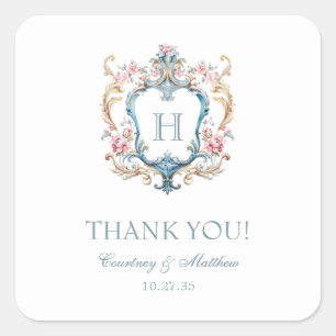 Sticker Carré Remerciement de mariage à blason floral monogrammé