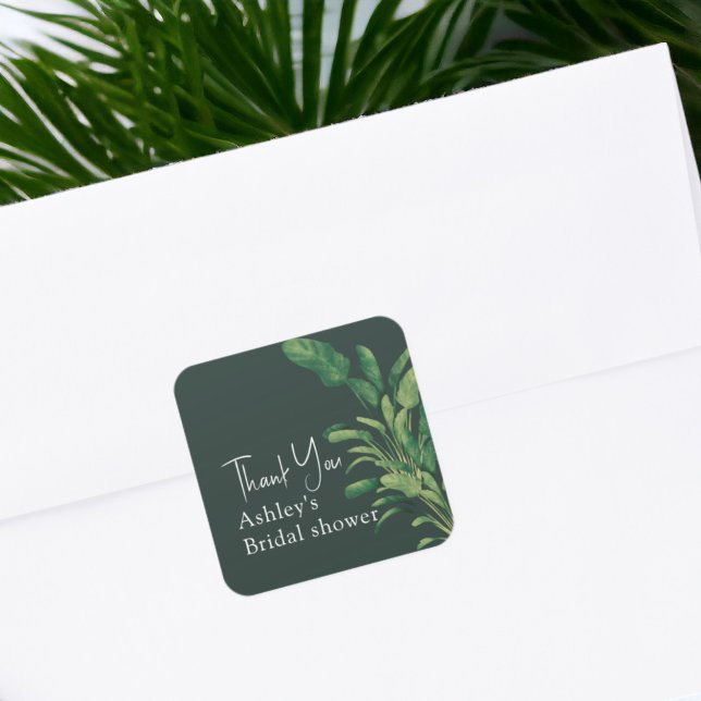 Sticker Carré Remerciement de mariage tropical avec feuille de p (Tropical greenery script palm leaf bridal thank square sticker)
