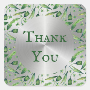 Sticker Carré Remerciement floral aquarelle vert élégant argenté