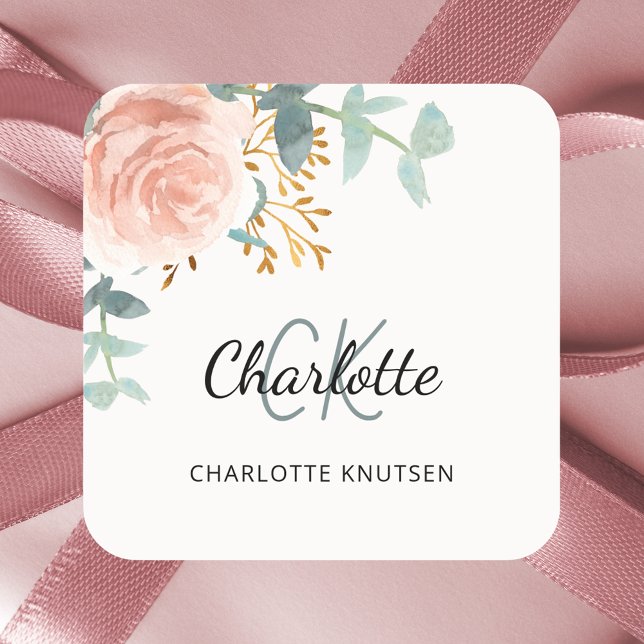 Sticker Carré Remerciement floral rose doré feuillage (Créateur téléchargé)