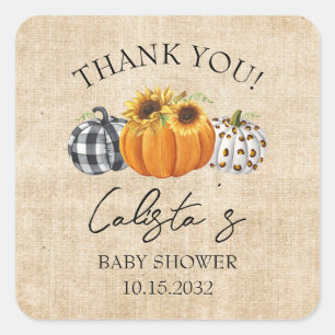 Sticker Carré Remerciement pour Baby Shower Burlap Citrouille &