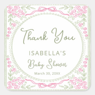 Sticker Carré Remerciement pour Baby Shower Fille Fleur Sauvage