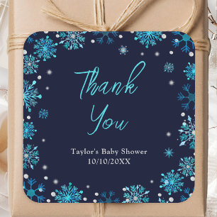 Sticker Carré Remerciement pour Baby Shower Flocons de Neige Ble