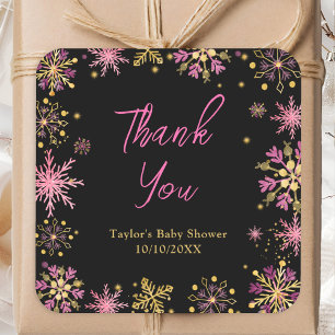 Sticker Carré Remerciement pour Baby Shower Flocons de Neige Ros