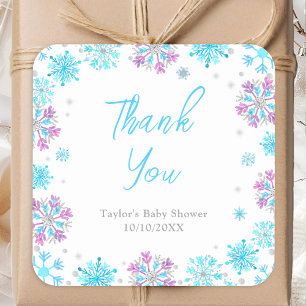Sticker Carré Remerciement pour Baby Shower Flocons de Neige Vio