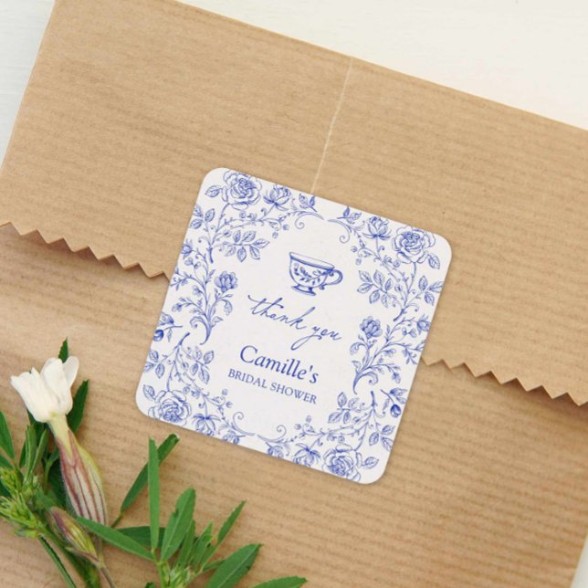 Sticker Carré Remerciement pour Baby Shower Thè au Bleu (Blue Floral Toile Thank you Bridal Shower Sticker)