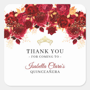 Sticker Carré Remerciement romantique Quinceanera or de Bourgogn