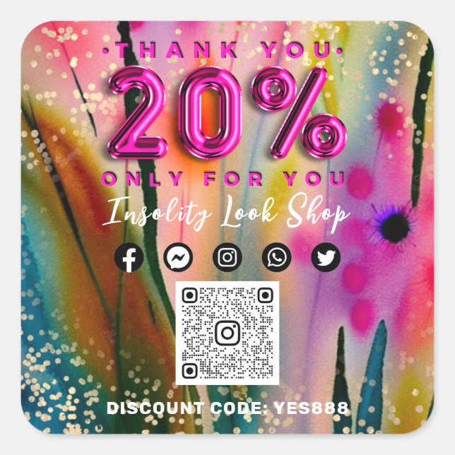 Sticker Carré Remerciements 20% de réduction sur QR CODE Logo Re (Devant)