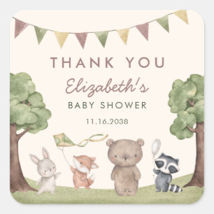 Sticker Carré Remerciements Baby Shower Animaux de la Forêt