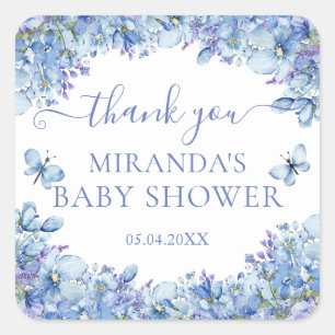 Sticker Carré Remerciements de Baby Shower Floral Aquarelle Bleu