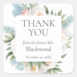 STICKER CARRÉ REMERCIEMENTS FLEURS ÉCLOS DE COULEUR BLEU DOUX PO