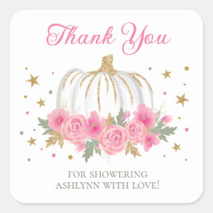 Sticker Carré Remerciements pour Baby Shower Little Pumpkin Girl
