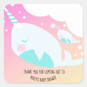 Sticker Carré Remerciements pour Baby Shower Narwhale Ombre 