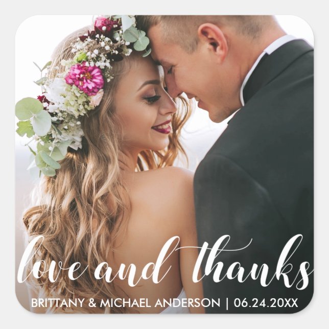 Sticker Carré Remerciements pour mariage | Love and Thanks Photo (Devant)