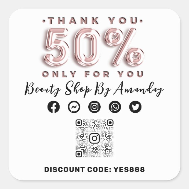 Sticker Carré Remerciements Shopping 50% de réduction QR CODE Lo (Devant)