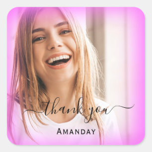 Sticker Carré Remercier Nom Cadre Rose.  Photo  Douce16ème Fianç