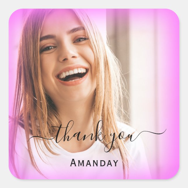 Sticker Carré Remercier Nom Cadre Rose.  Photo  Sweet16thMariage (Devant)