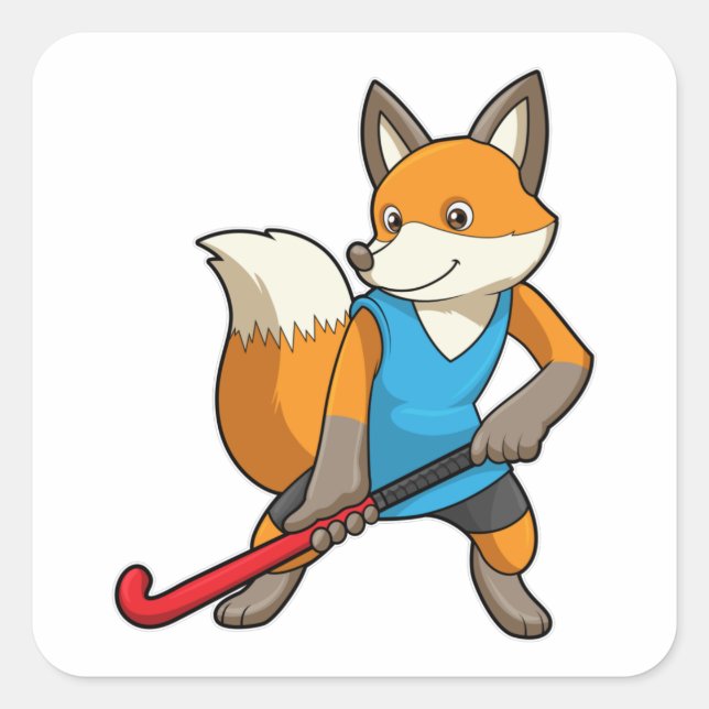 Sticker Carré Renard à Hockey avec chauve-souris de hockey (Devant)