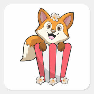 Sticker Carré Renard à manger avec Popcorn