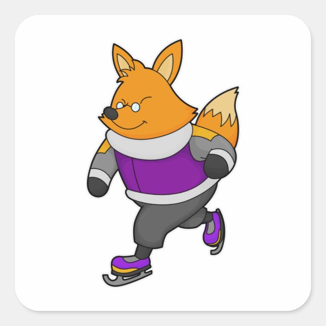 Sticker Carré Renard au patinage sur glace avec patins sur glace (Devant)
