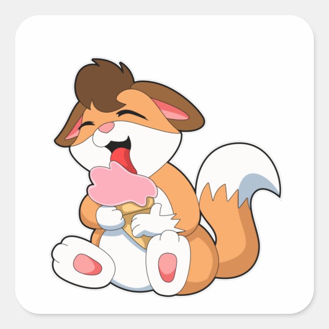 Sticker Carré Renard avec crème glacée fraise (Devant)