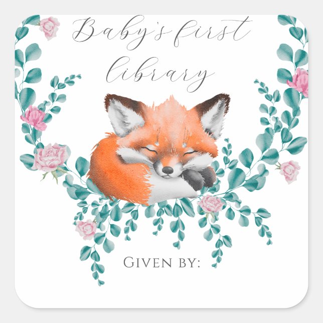 Sticker Carré Renard bébé en fleurs - Première bibliothèque de b (Devant)