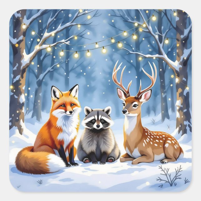 Sticker Carré Renard, cerf et raton laveur en forêt festive Noël (Devant)