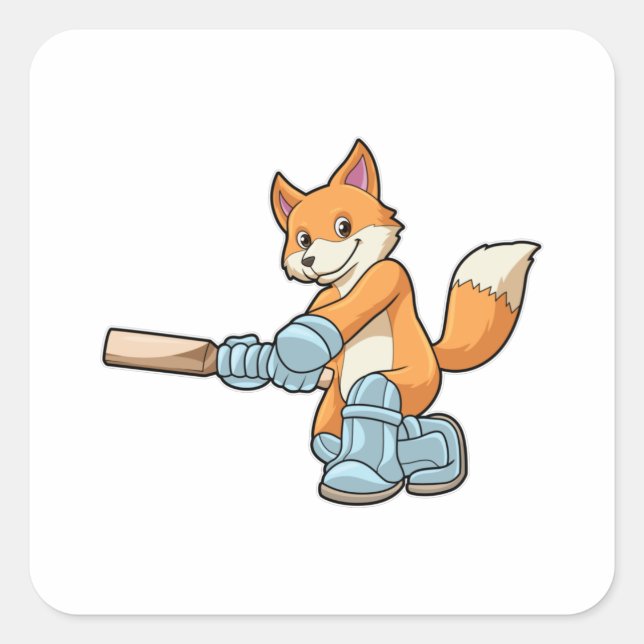 Sticker Carré Renard comme batteur avec chauve-souris de cricket (Devant)