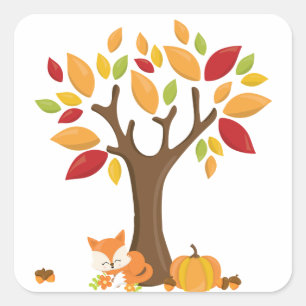 Sticker Carré Renard d'automne avec Citrouille