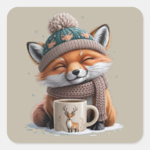 Sticker Carré Renard Douillet Saison Hivernale Animal Café Vacan