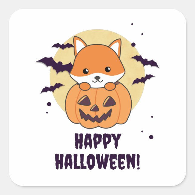 Sticker Carré Renard En Citrouille Foxes Doux Joyeux Halloween (Devant)
