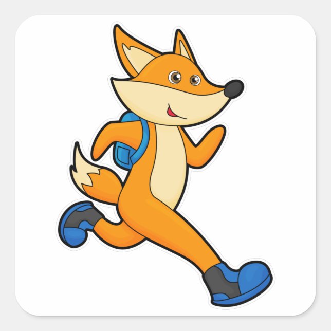 Sticker Carré Renard en course avec sac à dos (Devant)