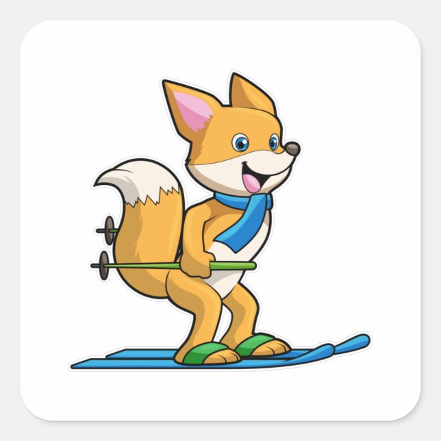 Sticker Carré Renard en ski avec des pôles de ski (Devant)