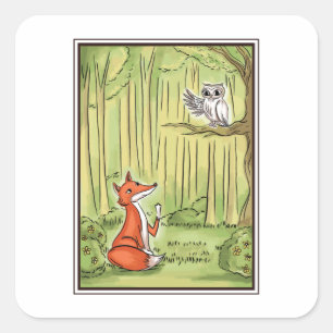 Sticker Carré Renard et hibou dans une forêt