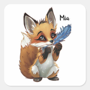 Sticker Carré Renard Fantaisiste avec une Plume