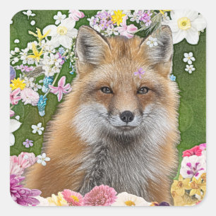 Sticker Carré Renard fleuri