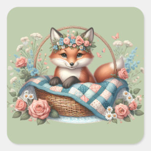 Sticker Carré Renard floral en panier avec courtepointe et fleur