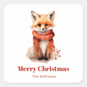 Sticker Carré Renard mignon en écharpe rouge pour Noël