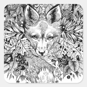 Sticker Carré Renard noir et blanc dans la forêt