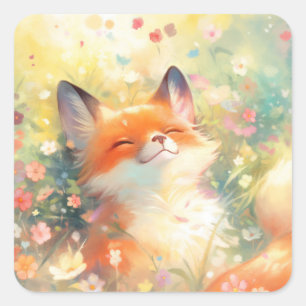 Sticker Carré Renard Rouge Mignon Endormi dans des Fleurs Sauvag