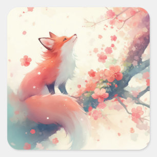 Sticker Carré Renard Rouge Mignon Sous un Arbre de Cerisier Rose