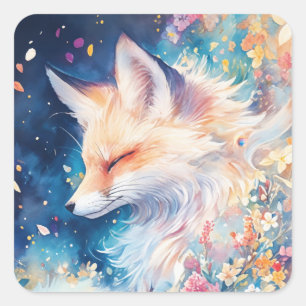 Sticker Carré Renard roux endormi dans un jardin floral coloré