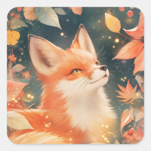 Sticker Carré Renard roux regardant à travers des feuilles d'aut