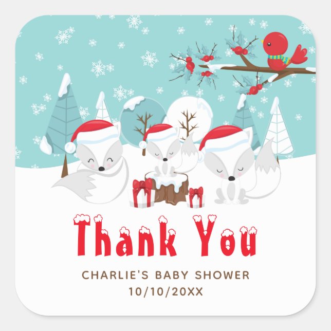Sticker Carré Renards arctiques Baby shower de Noël Merci (Devant)