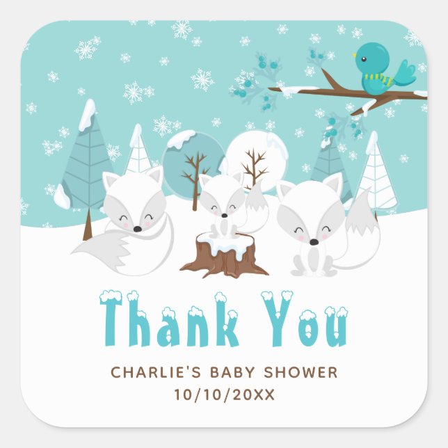 Sticker Carré Renards de l'Arctique Merci de Baby shower d'hiver (Devant)