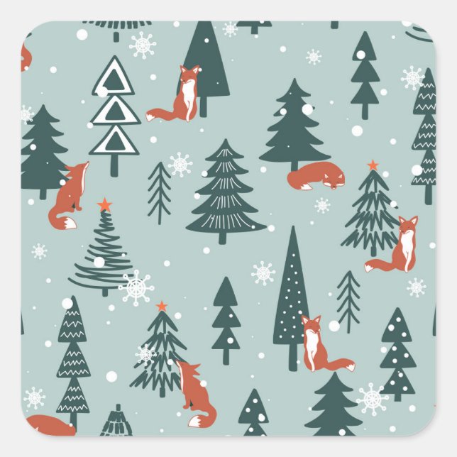 Sticker Carré Renards, sapins, hiver, motif coloré (Devant)